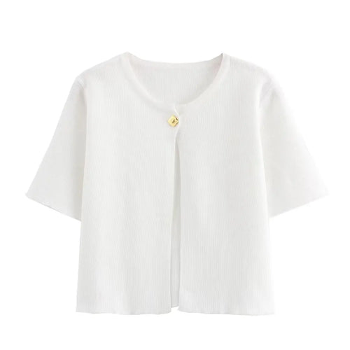 TRAFZA Women Elegant Solid Cardigan Coat Jackets Short Sleeve Metal