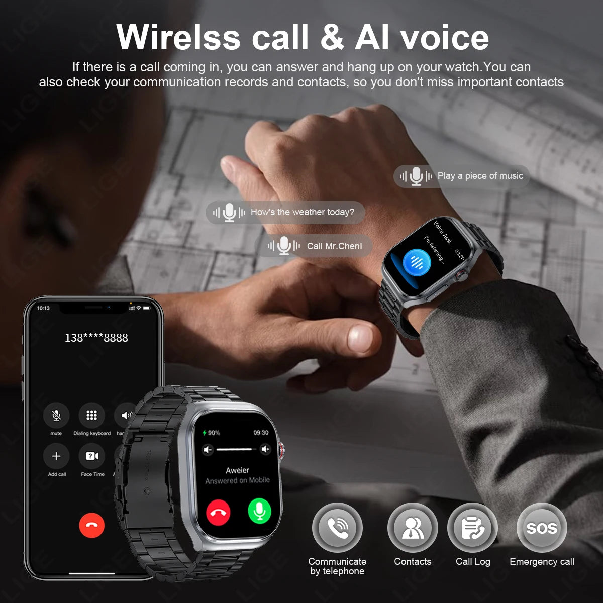 LIGE AMOLED Smart Watch ET585 Men ECG Blood Compositoin Health