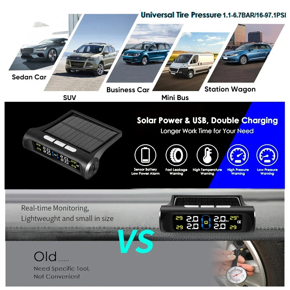 Intelligent TPMS Solar Tyre Pressure Monitoring System Parking Sensors