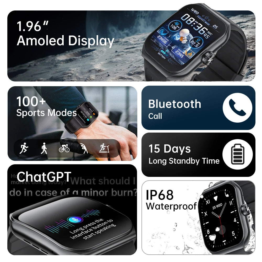 KUMI KU7 Smartwatches 1.96" Amoled 100+Sport Modes NFC IP68 Waterproof