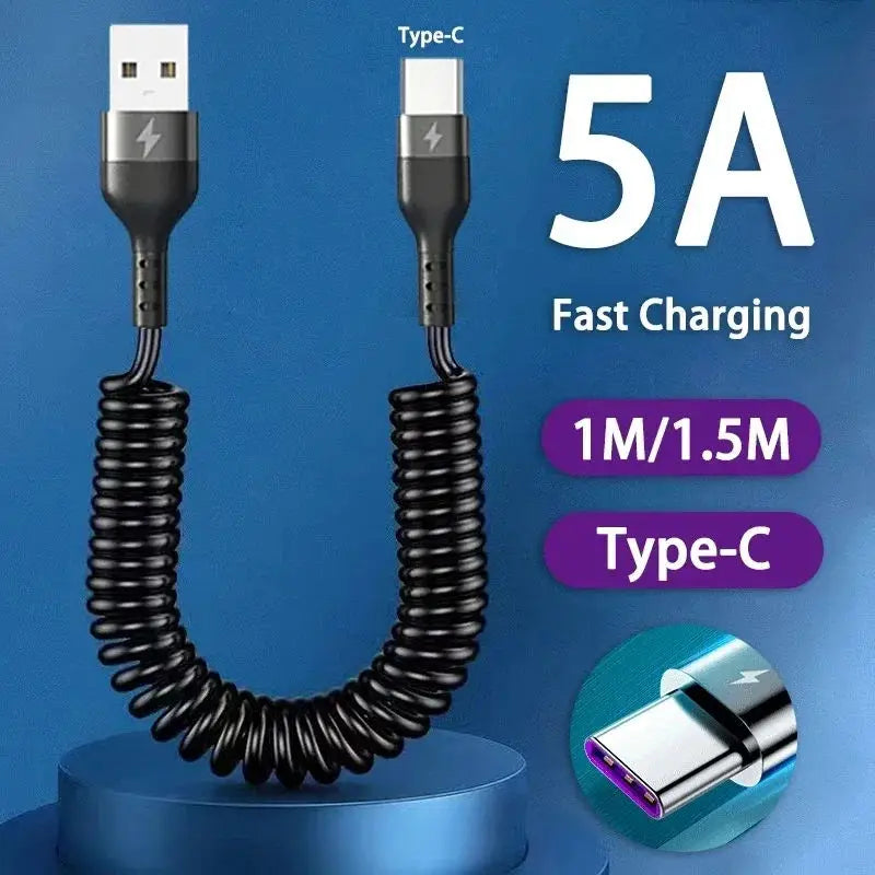 66W Fast Charging Spring Pull Telescopic 5A USB-A Typec Data Cable