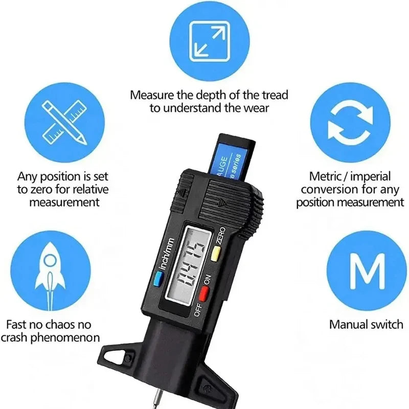 Digital Depth Gauge Caliper Tread Depth Gauge LCD Tire Tread Gauge For