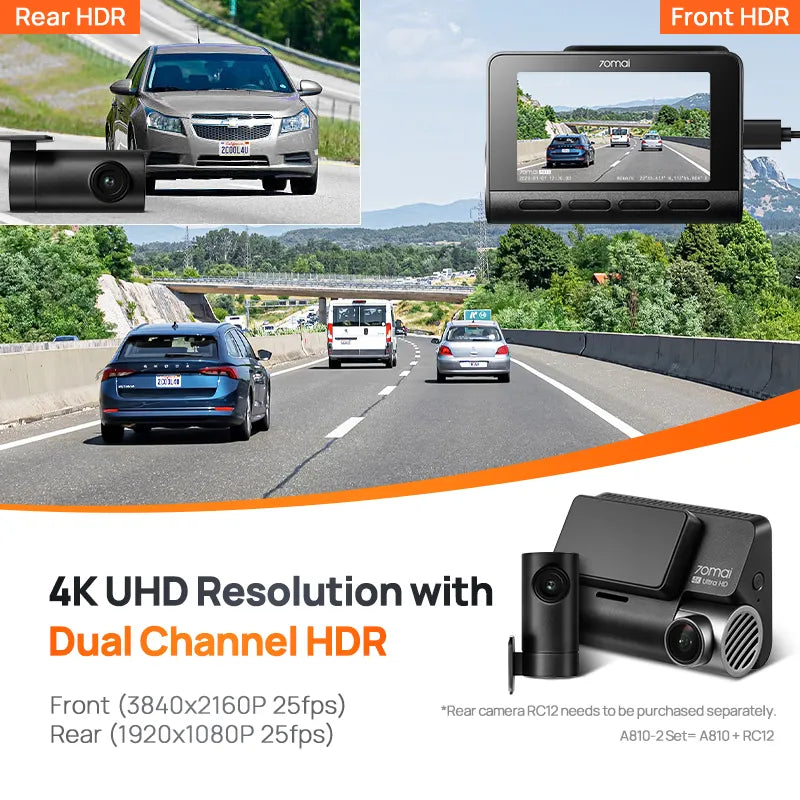 Global 70mai Dash Cam A810 Ultra HD 4K Built-in GPS ADAS Auto Record