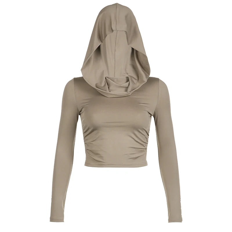 CIBBAR Solid Folds Hooded Crop Top Women Grunge y2k Full Sleeve Skinny