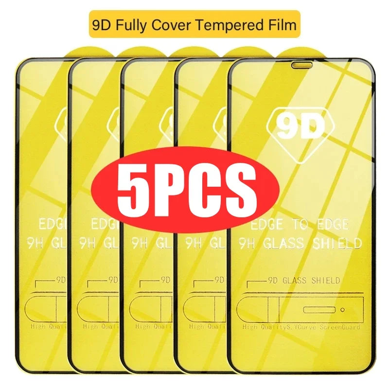 5Pcs 9D Protective Glass For iPhone 13 11 12 15 14 Pro Max 8 Plus
