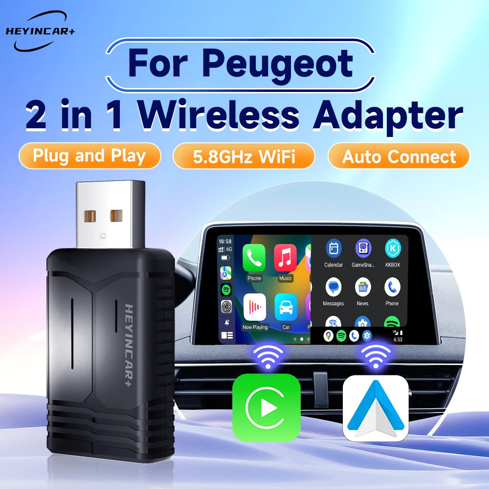2024 New HEYINCAR 2in1 Wireless Android Auto Adapter Carplay Wireless