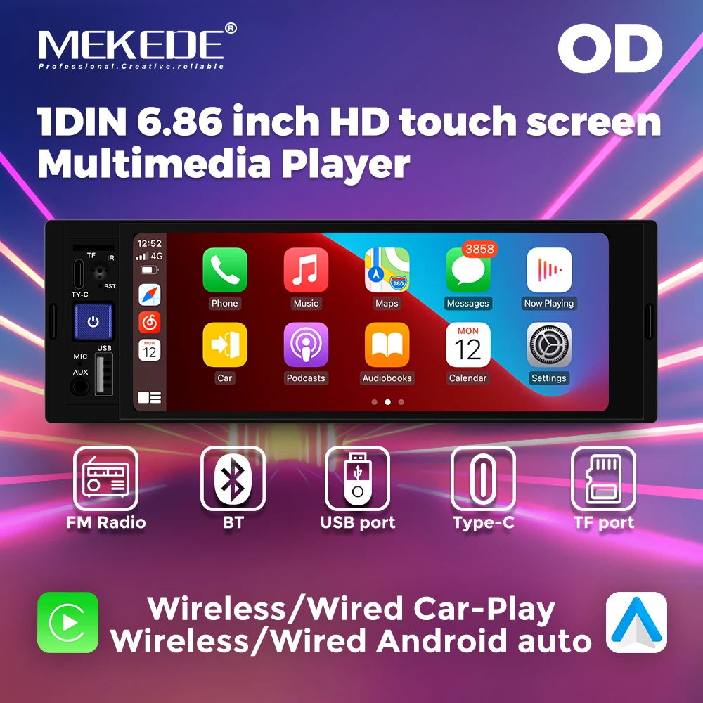 1DIN 6.86-inch Wireless CarPlay Auto HD touch screen multimedia player
