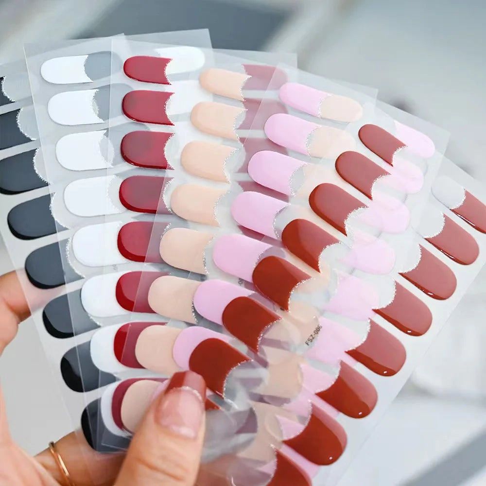 French UV Semi-Cured Gel Nail Wraps Sticker 16Strips Long Lasting Full