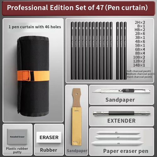 27/38/47pcs Sketch Pencils Set Roll Up Canvas Wrap Sketching Pencil