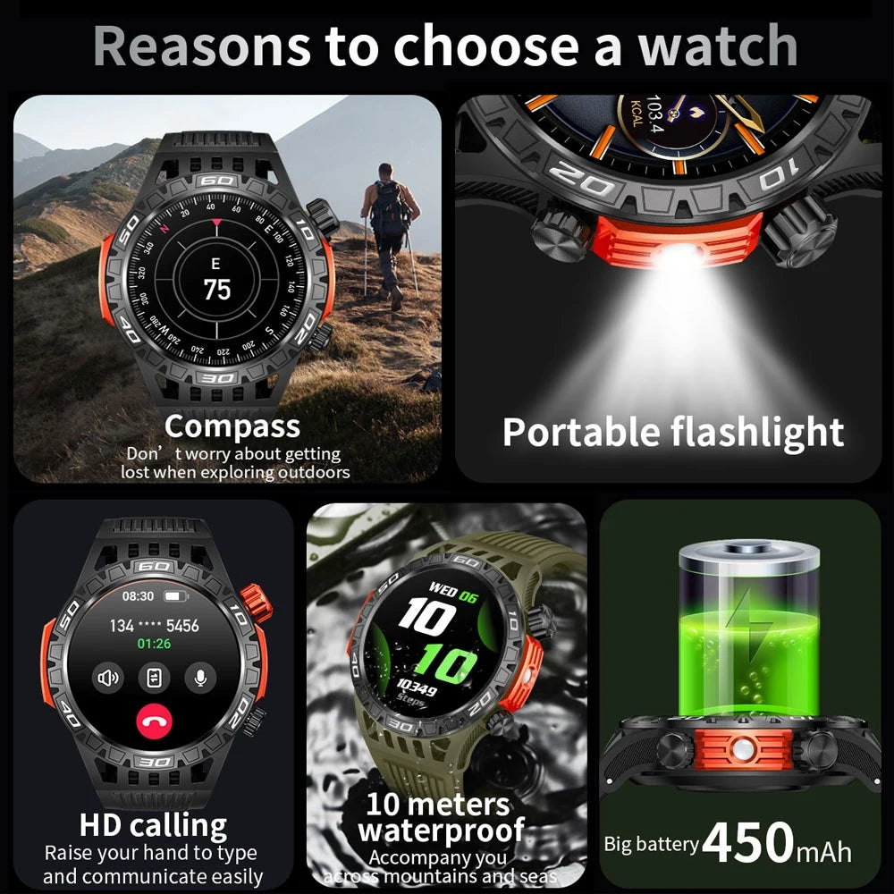 Outdoor Military Smart Watch Men's With LED lighting Bluetooth Call