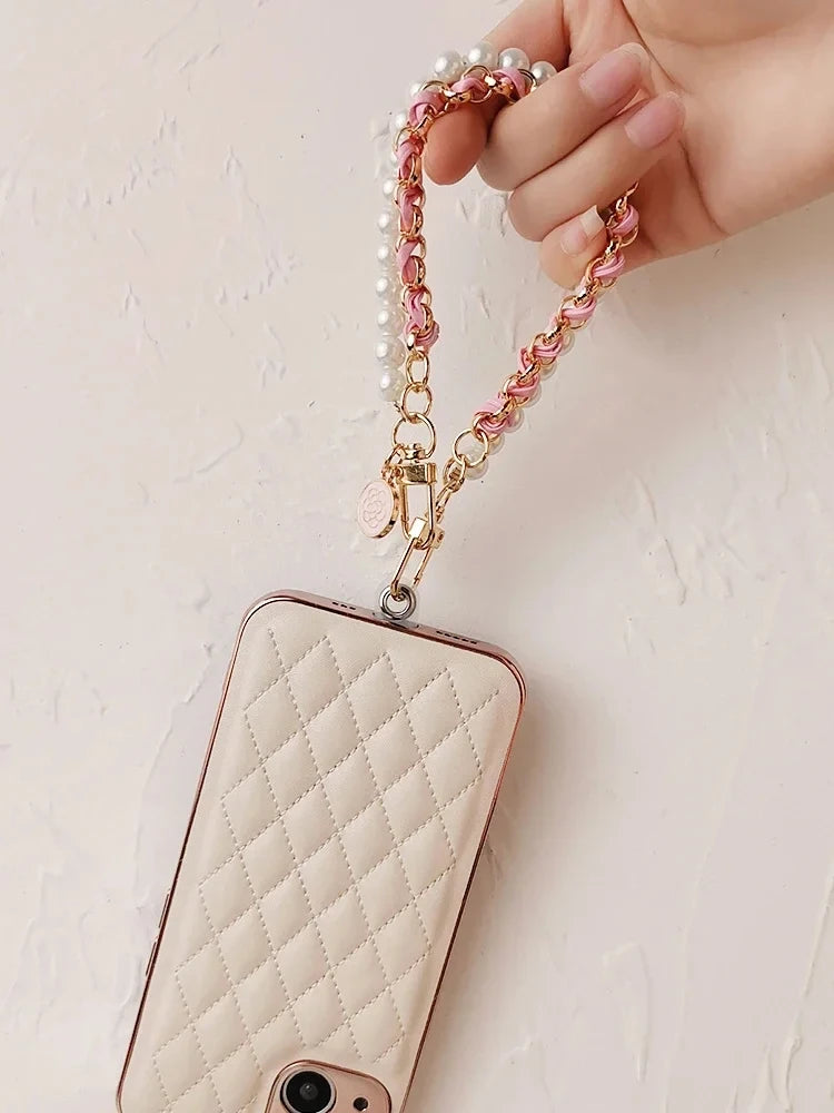 26cm Leather Pearl Camellia Mobile Phone Charm Bracelet Chain