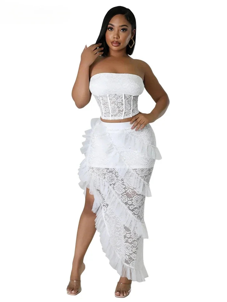 Sexy Two 2 Piece Sets Night Club Outfits for Women White Lace See