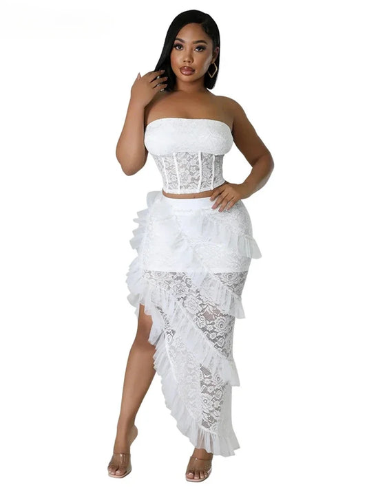Sexy Two 2 Piece Sets Night Club Outfits for Women White Lace See