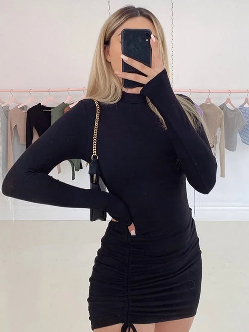 Long Sleeve Ruched Bodycon Dress Women Turtleneck Bandage Mini Dresses