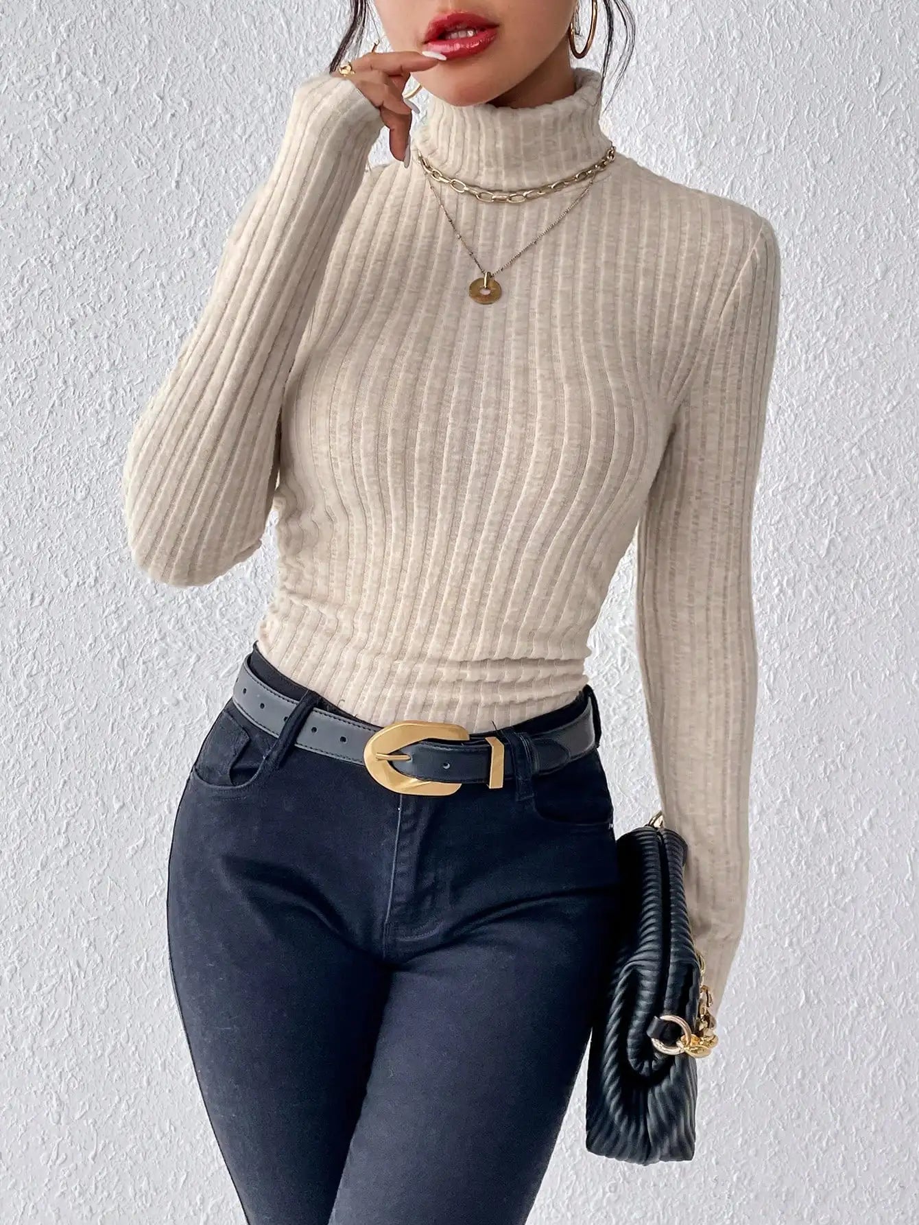 Autumn and Winter Sexy Texture Pit Stripe Slim Knit Long Sleeve