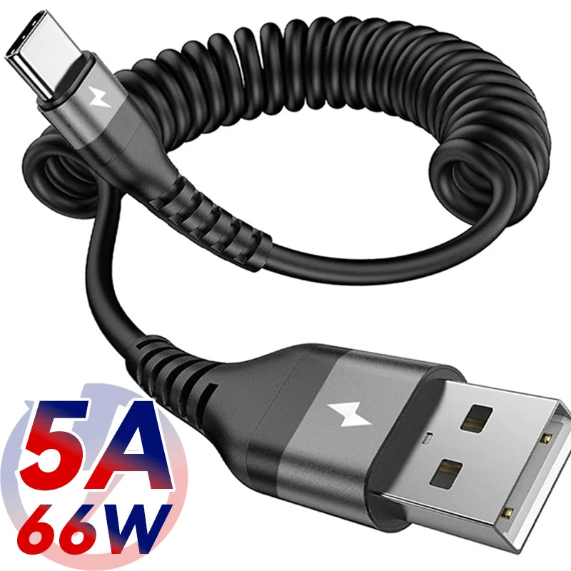 Retractable USB-C Cable 5A Fast Charger Data Wire Car Spring Type C