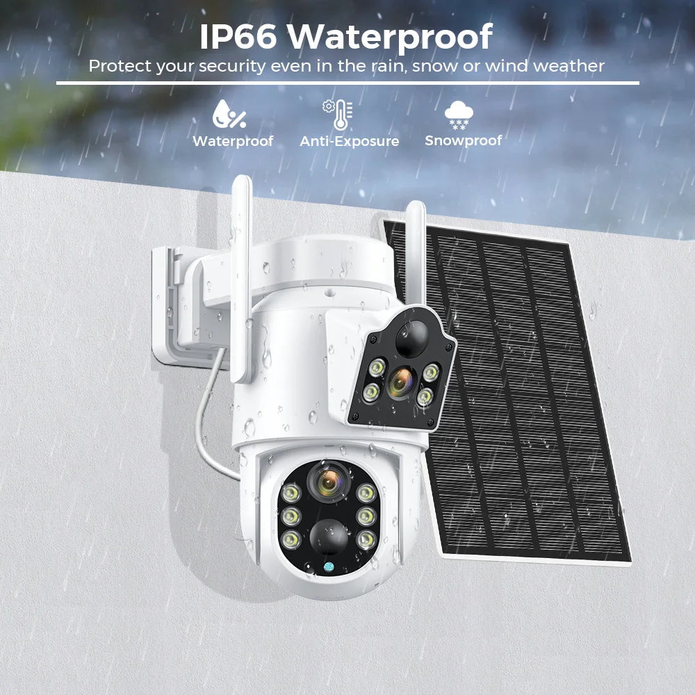 Solar IP Camera WiFi Outdoor Dual Lens PTZ Security Camera 4MP HD
