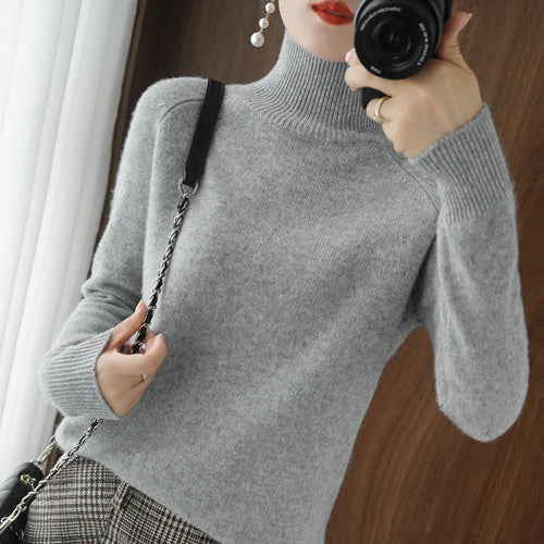 Fashion Basic Autumn Winter  Merino Wool Sweater Mock Neck Cashmere