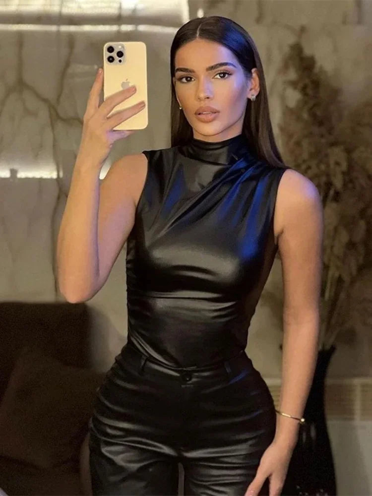 Fashion Solid Leather Y2k Top Skinny Waist Slimming Sleeveless Women