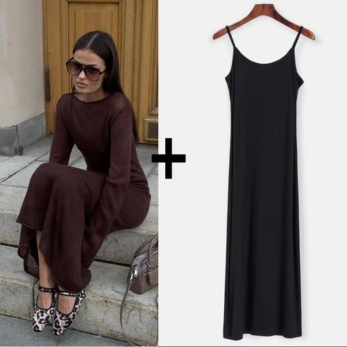 Spring Autumn O-Neck Elastic Knit Long Dresses Women 2024 Elegant Chic