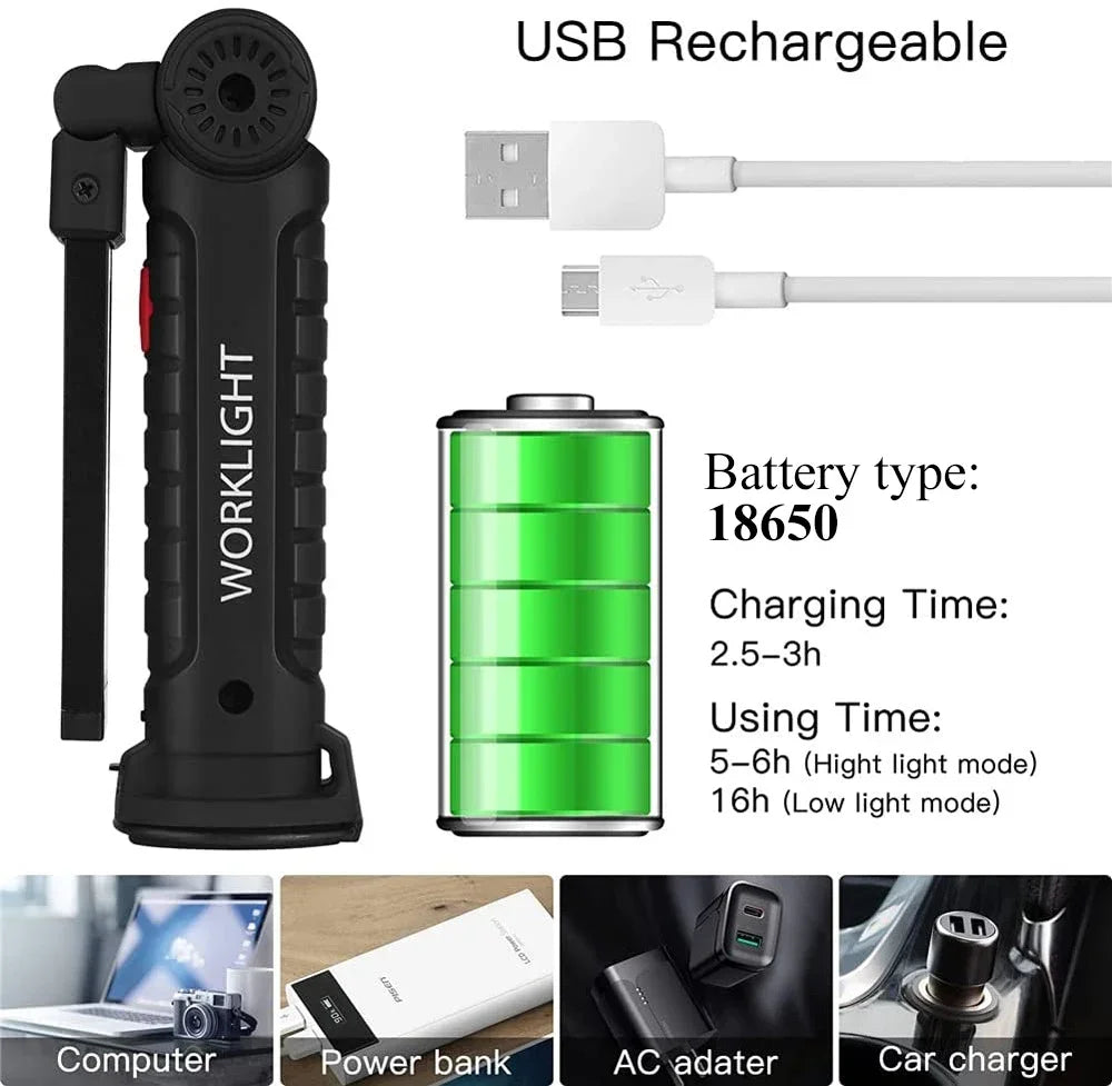 New Portable COB LED Flashlight USB Rechargeable Work Light Magnetic