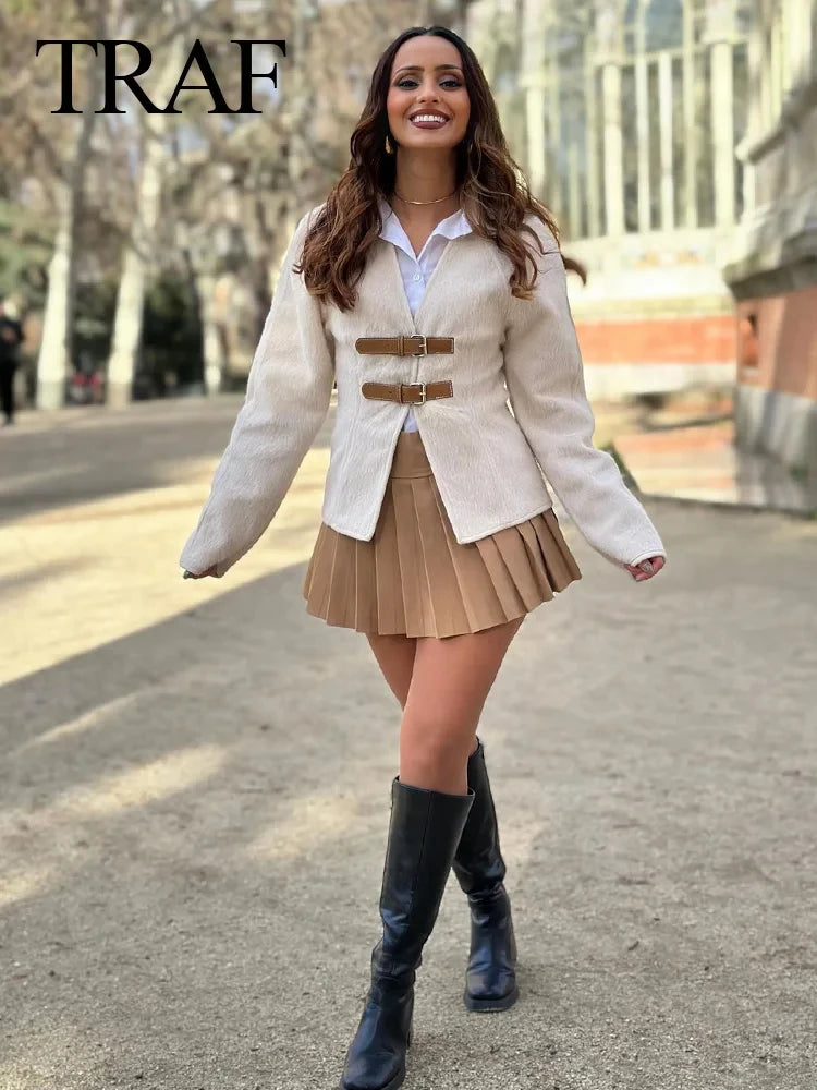TRAF Woman Vintage White Leather Buckle Woolen Jacket Female 2024