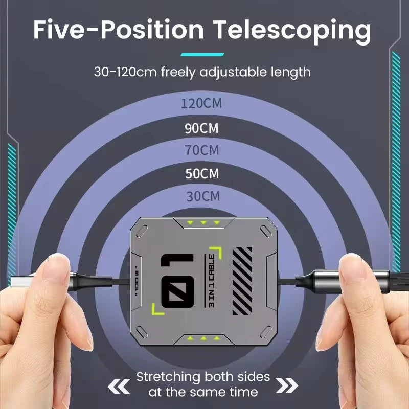 3 In 1 Retractable Phone Data Cable Type C Usb 100W Fast Charging