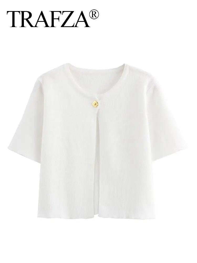 TRAFZA Women Elegant Solid Cardigan Coat Jackets Short Sleeve Metal
