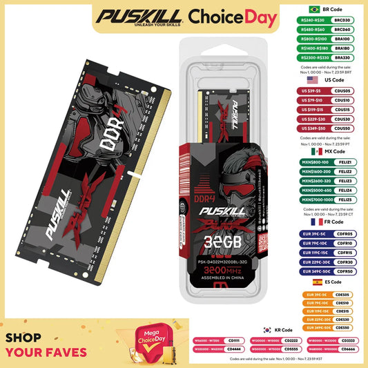 PUSKILL Memoria Ram Notebook DDR4 DDR3L 16GB 8GB 4GB 32GB 3200 2666