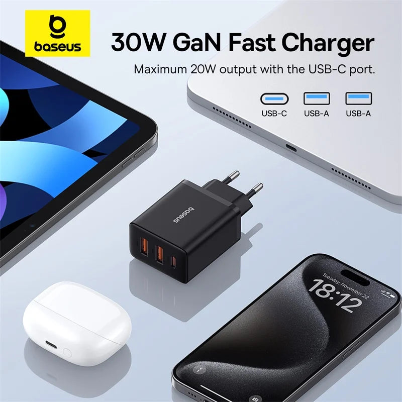 Baseus 30W USB Charger QC3.0 PD3.0 Type C PD Fast Charging 3 Ports