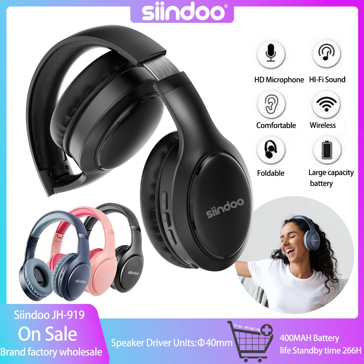 Siindoo Wireless Bluetooth Headphones 3 Colors Foldable Stereo