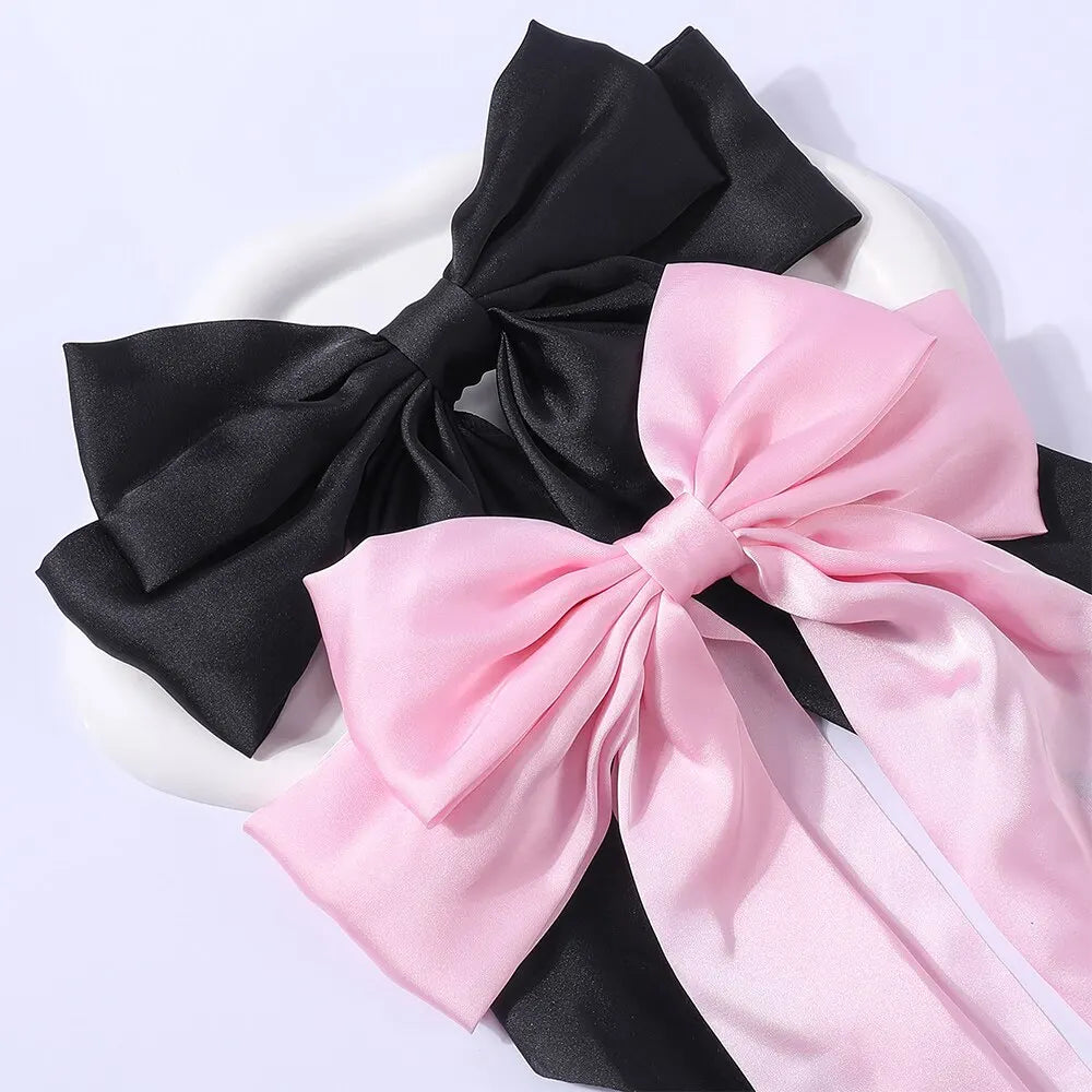 Women Elegant Bow Ribbon Hair Clip Fashion Solid Satin Spring Clip
