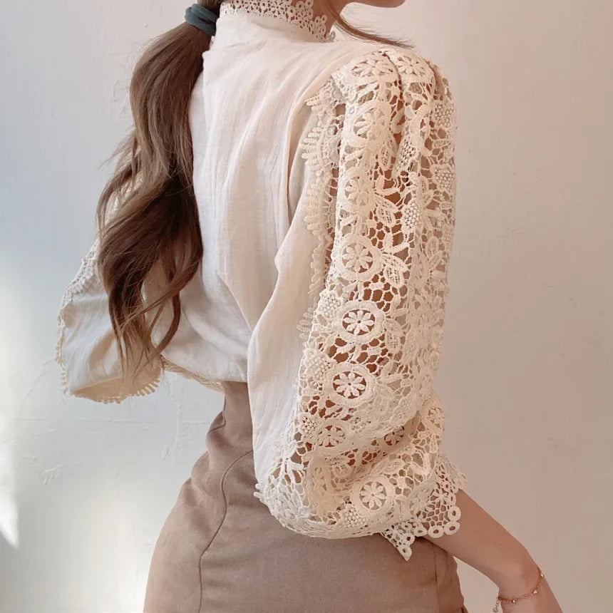 Fashion Long Sleeve Women Blouse Hollow Out Lace Blouse Shirt Tops