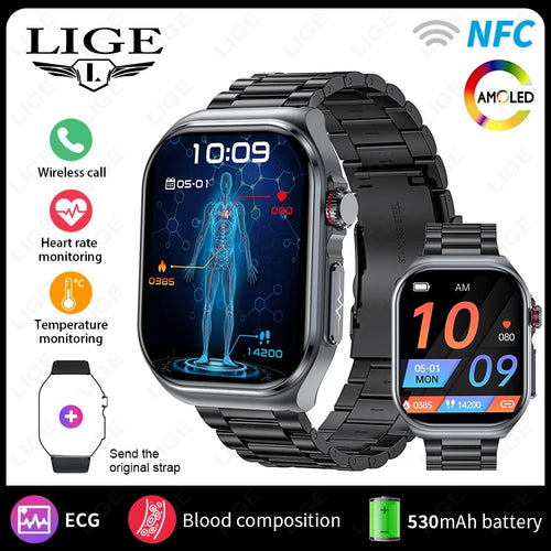LIGE AMOLED Smart Watch ET585 Men ECG Blood Compositoin Health