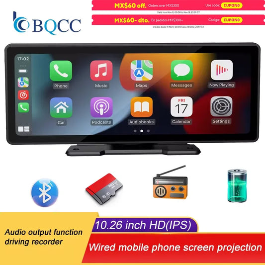BQCC 10.26 Inch Portable Wireless Carplay Screen HD Rear Reversing