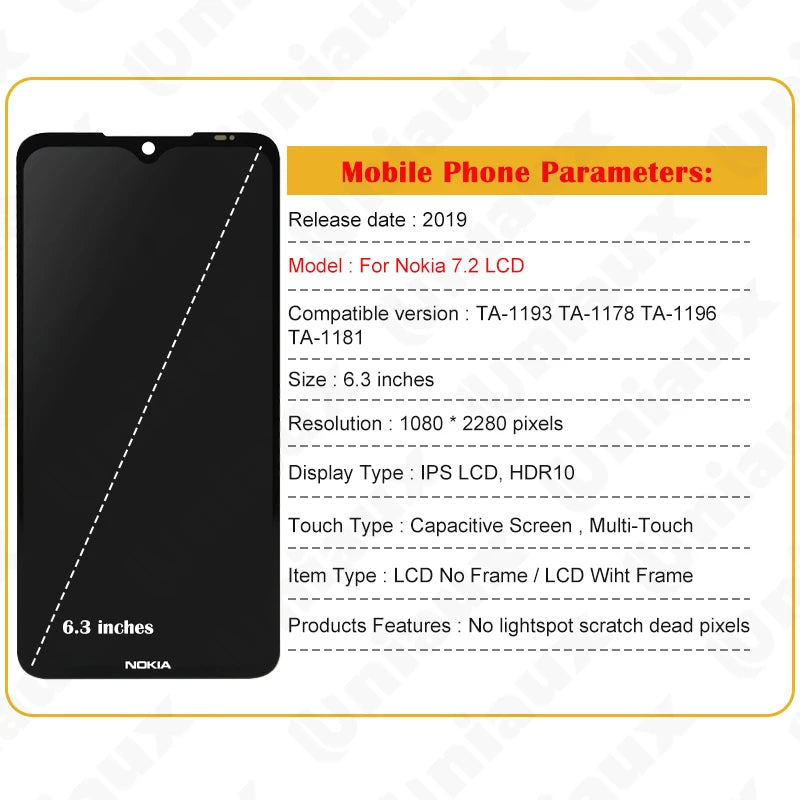 6.3" Original For Nokia 7.2 LCD Display TA-1196 LCD Touch Screen