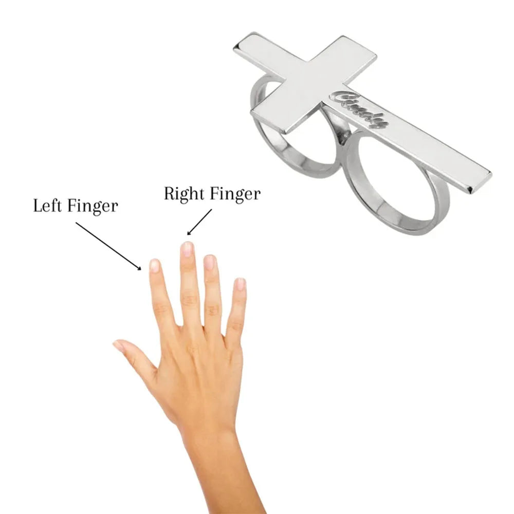 Custom Cross Ring Engraving Name Ring Men Stainless Steel Two Fingers