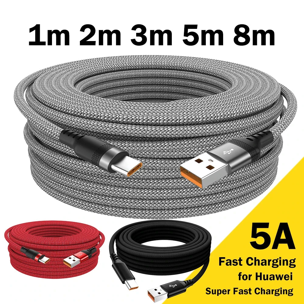 Extended 5-Meter Type-C USB Android 5A Super- Charging Cable Suitable