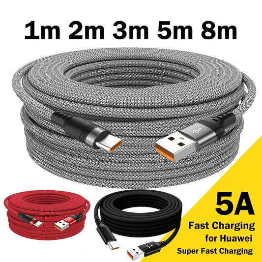 Extended 5-Meter Type-C USB Android 5A Super- Charging Cable Suitable