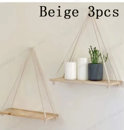 1PC Wooden Swing Hanging Hemp Rope Wall Shelve Mounted Floating Home
