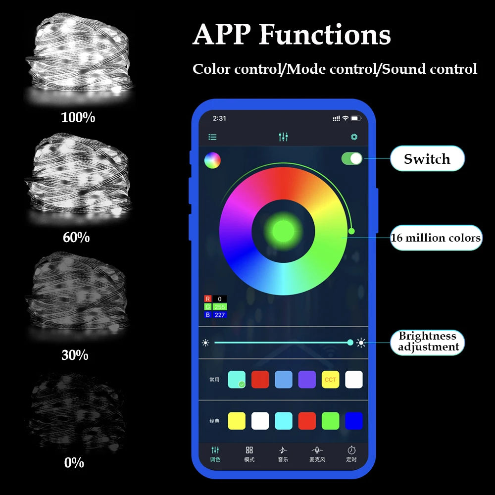 5M/10M/15M/20M/40M LED String Light App Control Garland IP65 Outdoor