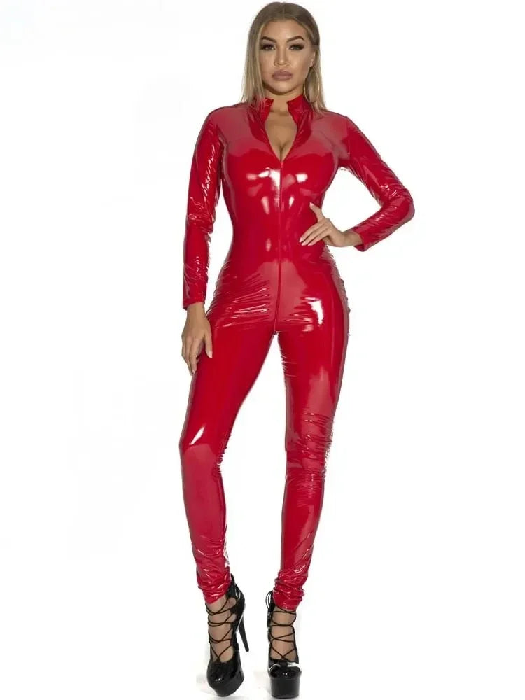 Sexy Hot Wet Look PVC Catsuit Shiny PU Leather Long Sleeve Two Way