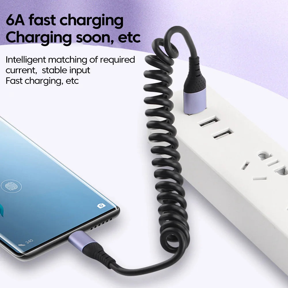 25CM To 1M Car Spring Data Cord 6A Short Fast Charging Wire USB C TO