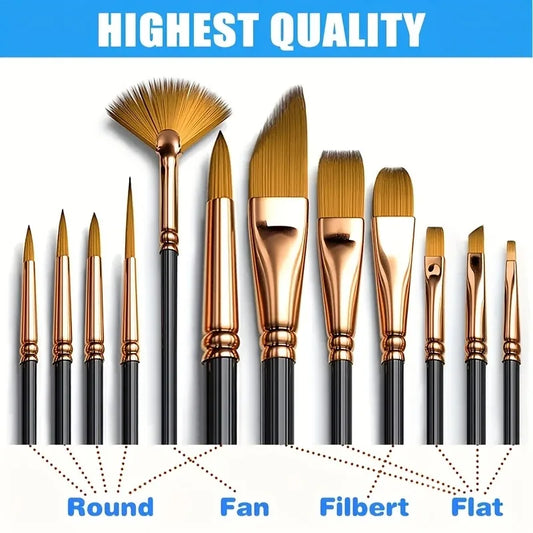 12pcs Nylon Bristle Brush Set Flat Brushes Watercolor Oil Paint For
