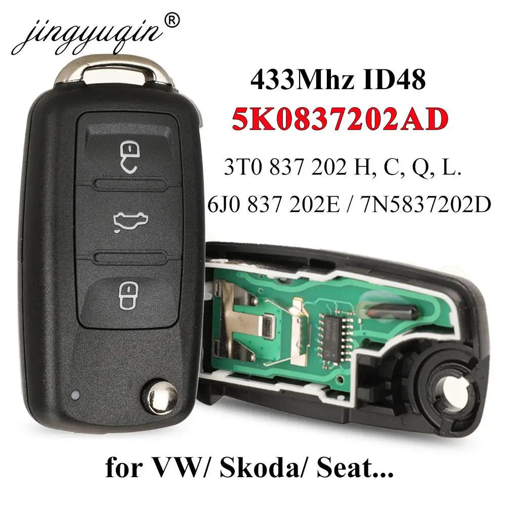 jingyuqin 3BT Remote Flip key 434MHz ID48 Chip for VW Volkswagen GOLF
