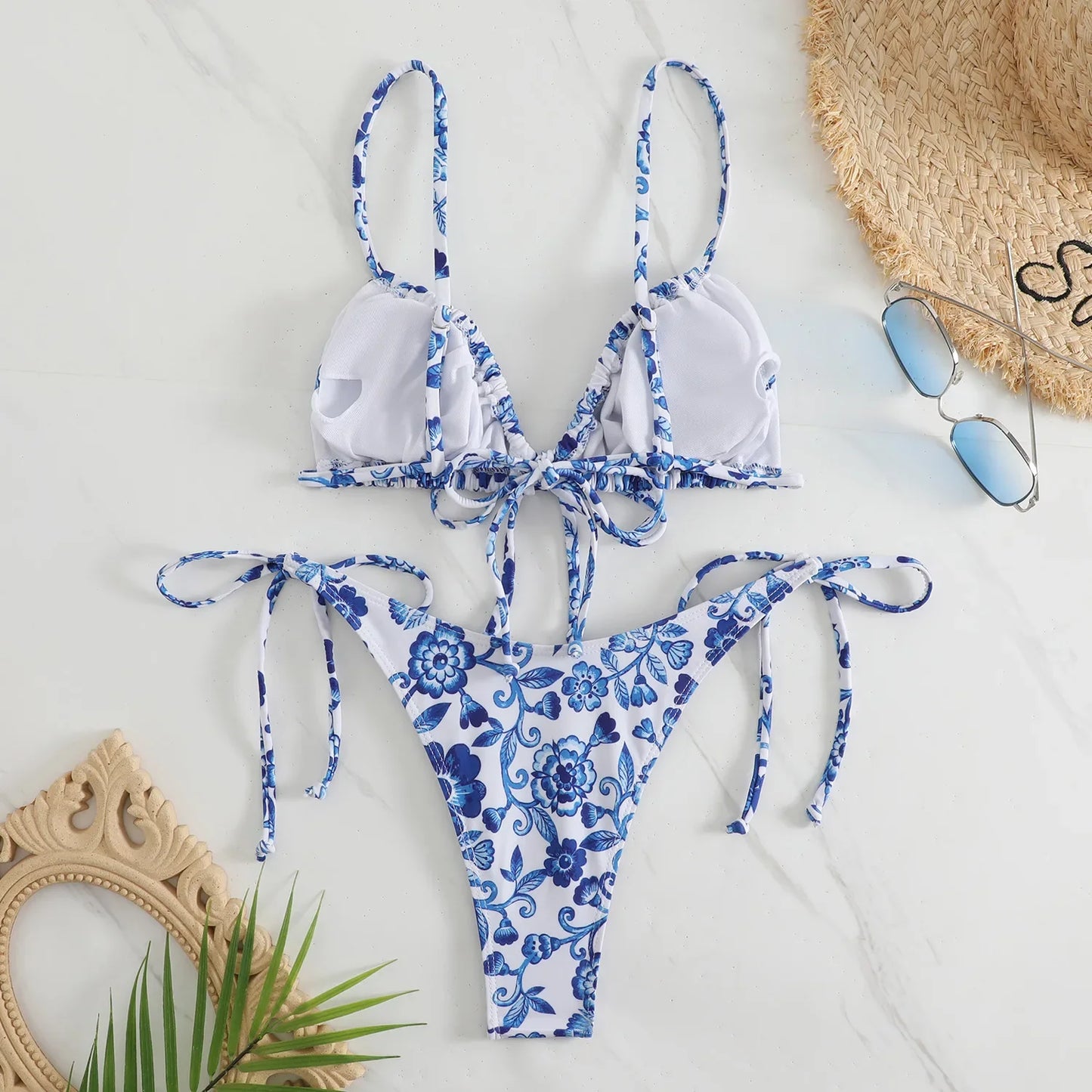 sexy floral print micro bikini blue and white porcelain bikini