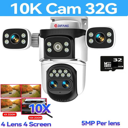 10K UHD WiFi6 IP Camera Outdoor 10X Zoom CCTV Surveillance Cam Four