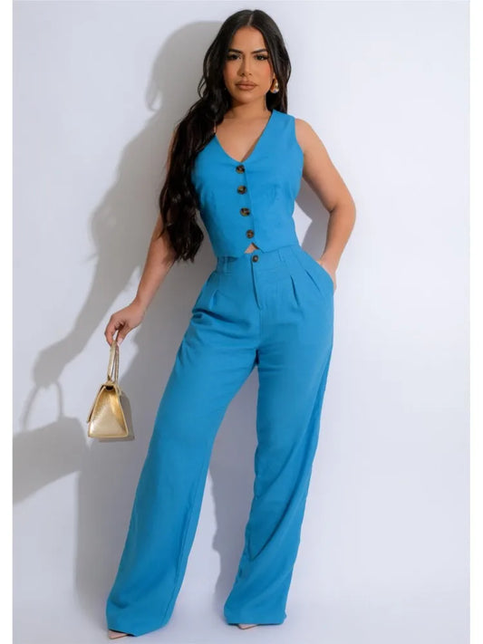 Fashion Sleeveless Vest Pants Women Solid Color Suit Spring Summer V