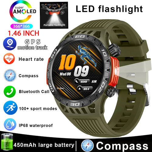 Outdoor Military Smart Watch Men's With LED lighting Bluetooth Call