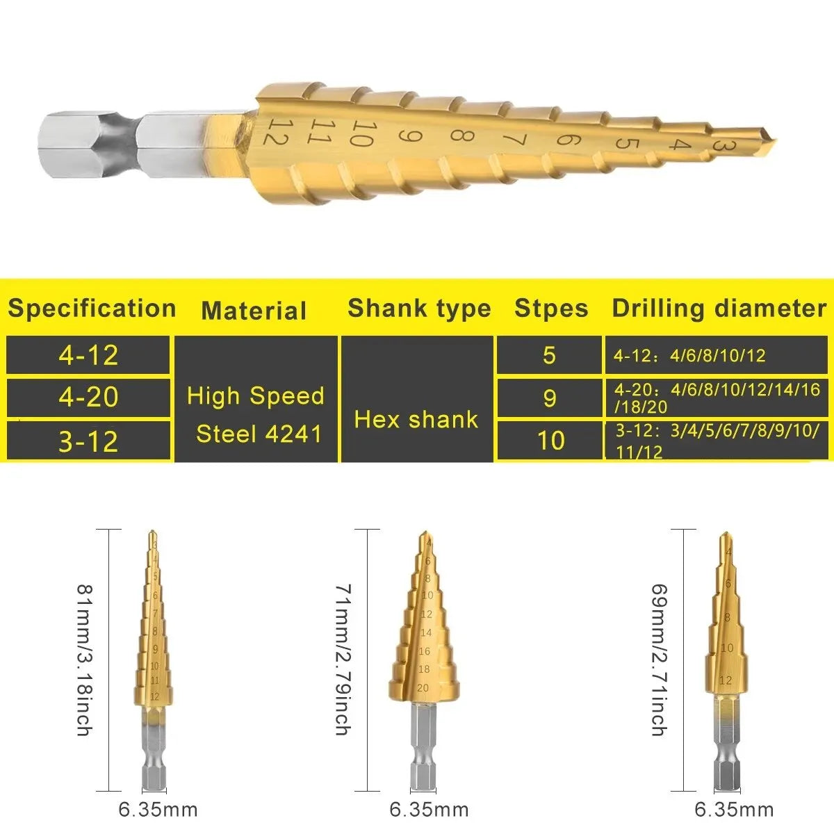 3-12 4 -12 4-20MM HSS Straight Fluted Pagoda Step Drill 3Pcs Cloth Bag